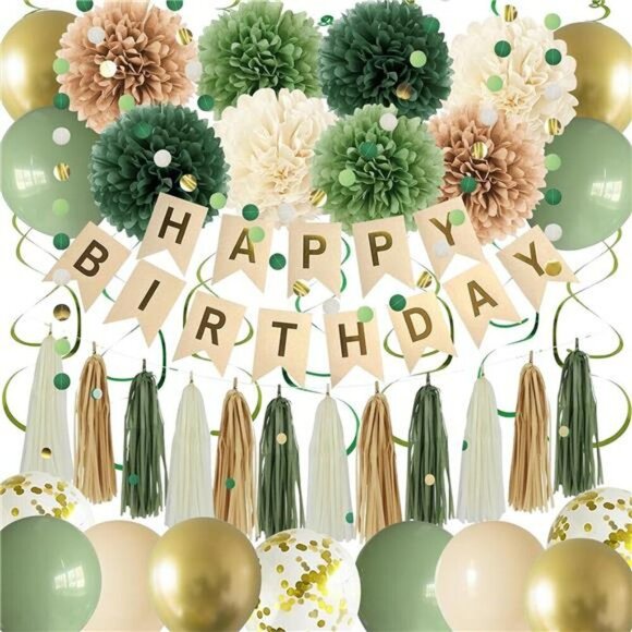 Green Birthday Party Decorations Set Banner Balloons Tassels Garland Pompoms - Picture 1 of 8